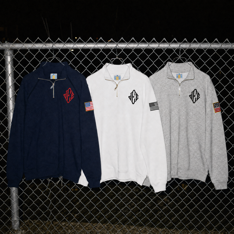 einzip Americana quarter zip pullover with embroidered diamond monogram, old money menswear in navy heavyweight cotton