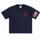 Navy graphic tee with American flag sleeve patch, collegiate varsity detail