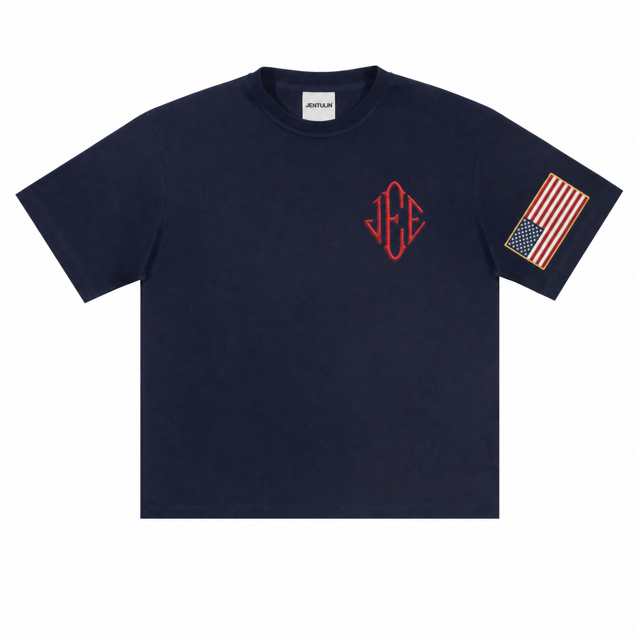 Navy graphic tee with American flag sleeve patch, collegiate varsity detail